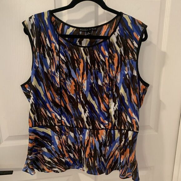 PRESTON & YORK Sheer Tank  Women's size XL Blouse Orange Blue with Black piping‎ - Picture 1 of 9